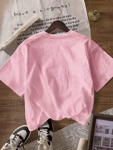 Pink Heart & Bow Cute T-Shirt, Women Casual Round Neck Short Sleeve Tee, Spring - Baby Pink - View 4