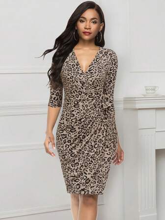 Elegant Women's Leopard Print Midi Dress V Neck Ruched Knot Wrap Kneel-Length Bodycon Fitted Three Quarter Sleeve New Year Party Dresses
