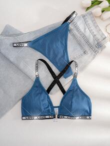 1 Set Women Sexy Deep V Chain Front Closure Lingerie Set With Love Letter Silver Thread Decor, Includes Bra And Thong Panty