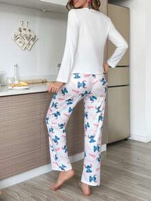Stitch Graphic Print Long Sleeve Cartoon Letter Pajama Set, Black