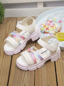 1 Pair Kids Thick Sole Sandals, White, Decorated With Colorful Rhinestones, Soft Nappa PU Leather Material - Multicolor - View 1