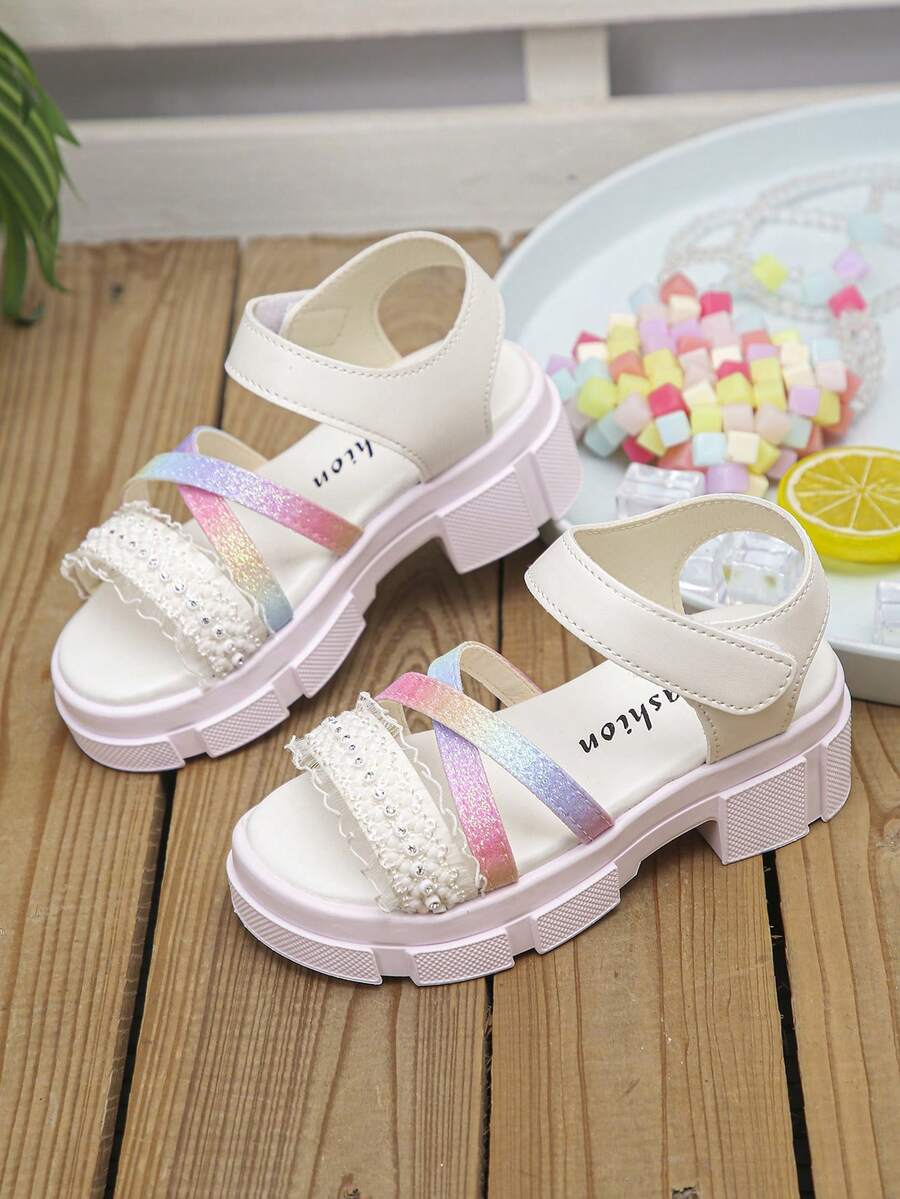 1 Pair Kids Thick Sole Sandals, White, Decorated With Colorful Rhinestones, Soft Nappa PU Leather Material - Multicolor - View 1