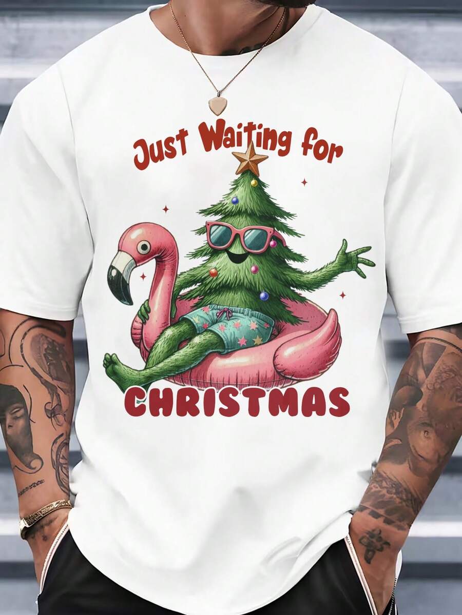 Men's Crew Neck T-Shirt With Christmas Tree Print Featuring Sunglasses And An Inflatable Flamingo, With The Text "Just Waiting For Christmas." Ideal For Everyday Wear, Parties, Christmas Festivities, Summer, Holidays, And Casual Fun Style. - 白色 - 查看 1