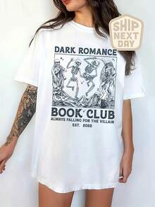 Dark Romance Book Club T-Shirt, Funny Romance Reader T-Shirt, Women's Short Sleeve Graphic Tee With Round Neck, For Casual Daily Wear, Christmas T-Shirt, Christmas Outfit For Women - 白色 - 查看 1