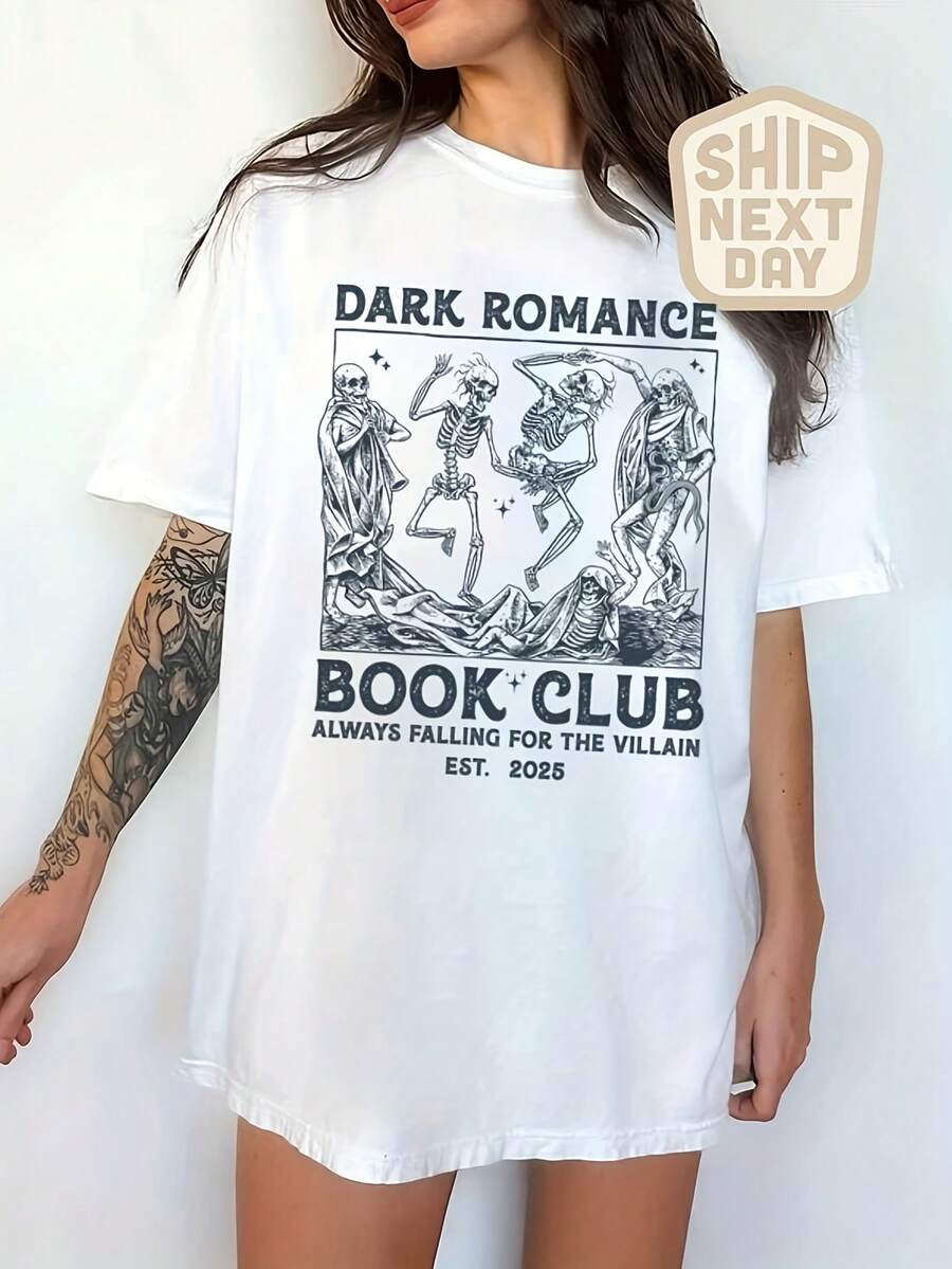 Dark Romance Book Club T-Shirt, Funny Romance Reader T-Shirt, Women's Short Sleeve Graphic Tee With Round Neck, For Casual Daily Wear, Christmas T-Shirt, Christmas Outfit For Women - 白色 - 查看 1