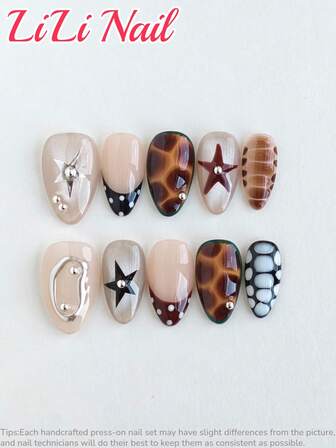 10 piezas de uñas acrílicas hechas a mano para aplicar, suministros para uñas, uñas en forma de almendra, uñas postizas cortas, uñas claras, uñas marrones, uñas navideñas, uñas Y2K, uñas baratas, uñas lindas, uñas con puntas francesas, brillo para uñas, uñas cromadas, uñas de leopardo, uñas de lunares, uñas postizas de otoño, uñas para fiestas, uñas de ojo de gato, pintadas a mano, arte de uñas, juego de uñas, con herramientas para uñas