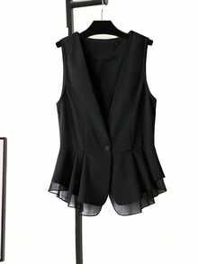 Áo vest nữ thanh lịch, giản dị, màu trơn, cài cúc, có túi, xếp ly, viền bèo nhún, nhẹ, phù hợp cho đi làm và mặc hàng ngày. - màu đen - Xem 1