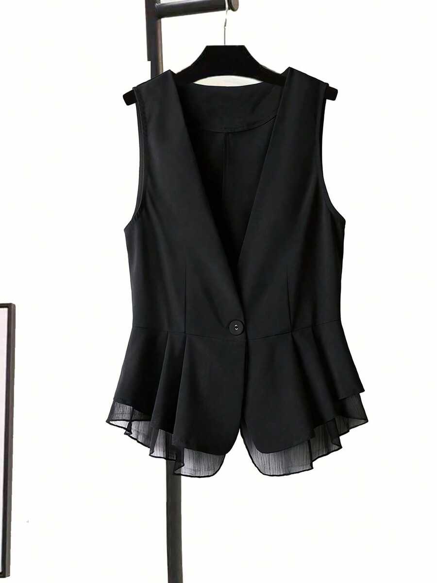 Áo vest nữ thanh lịch, giản dị, màu trơn, cài cúc, có túi, xếp ly, viền bèo nhún, nhẹ, phù hợp cho đi làm và mặc hàng ngày. - màu đen - Xem 1