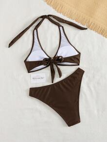 Bộ bikini 2 mảnh nghỉ dưỡng biển spa thanh lịch mới mùa hè 2026 dành cho nữ, thích hợp cho năm mới, ngày Valentine, lễ hội âm nhạc, đồ bơi đơn giản tối giản màu trơn co giãn, kiểu dáng rời, phù hợp cho kỳ nghỉ. - Nâu bóng - Xem 4