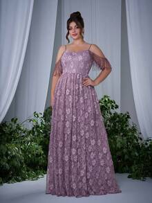 (No Positioning Flowers) Strapless V-Neck With Bead Strips, Tassels, And Layered, Three-Dimensional Metallic Sequins, Embroidered Lace, And Gathered Skirt. - Lilac Purple - View 5