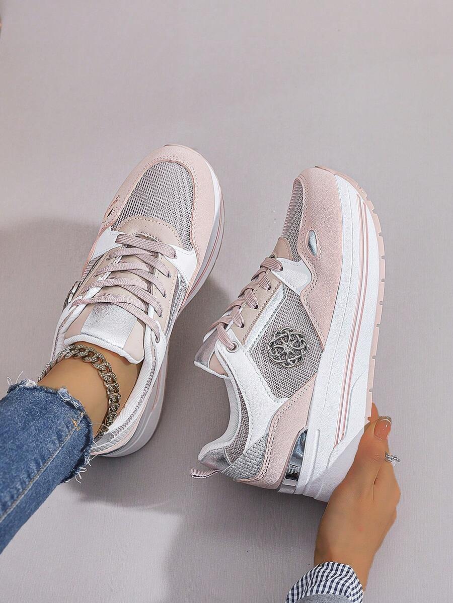 AMEIRATE Gentle Style Versatile Casual Sports Shoes, Round Toe Lace-Up Retro Metal Buckle Design, Comfortable Breathable Platform Height-Increasing Shoes
