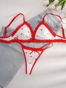 1 套蕾丝拼布心形与蝴蝶结性感内衣胸罩和丁字裤套装，适合农历新年