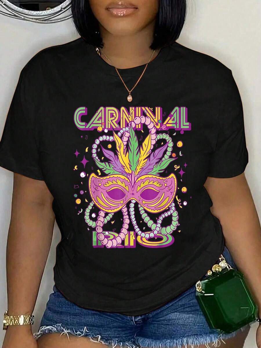 100% Cotton Carnival Costume Rio Brazil Souvenir Mardi Gras Men Women T-Shirt Short Sleeve Round Neck Casual Top Summer Women's Graphic Tee - 黑色 - 查看 1
