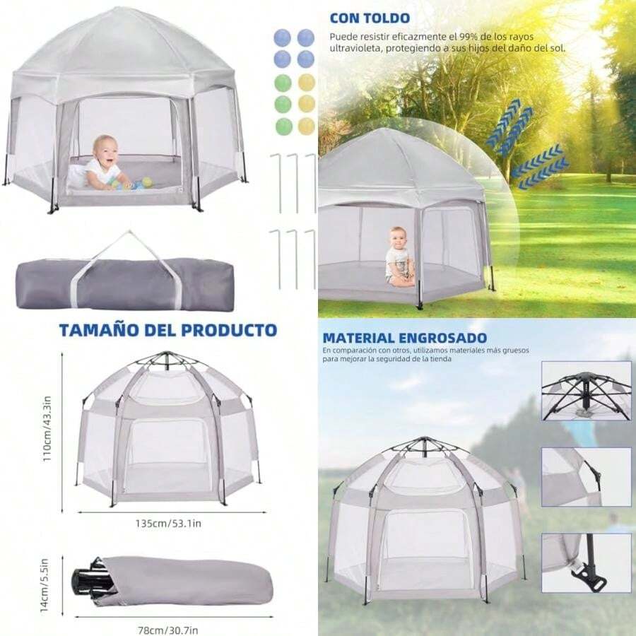 Tienda de Campaña Plegable, BOJA Corral con Toldo, Pelota Pequeña y Bolsa de Almacenamiento, Apto para Uso Interior, Exterior, Camping y Playas ()(Gris) - Multicolor - Ver 1