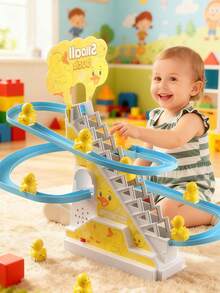 Children's Yellow Duck Automatic Climbing Stairs Track Electric Toy With Sound And Light, Educational Toy