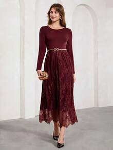 SHEIN Clasi Women's Round Neck Long Sleeve Contrast Lace Hem Elegant Dress - Burgundy - View 4