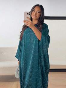 2025 Spring/Summer New Fashion Loose Rhinestone Abaya Cardigan Robe For Women - Peacock Blue - View 1
