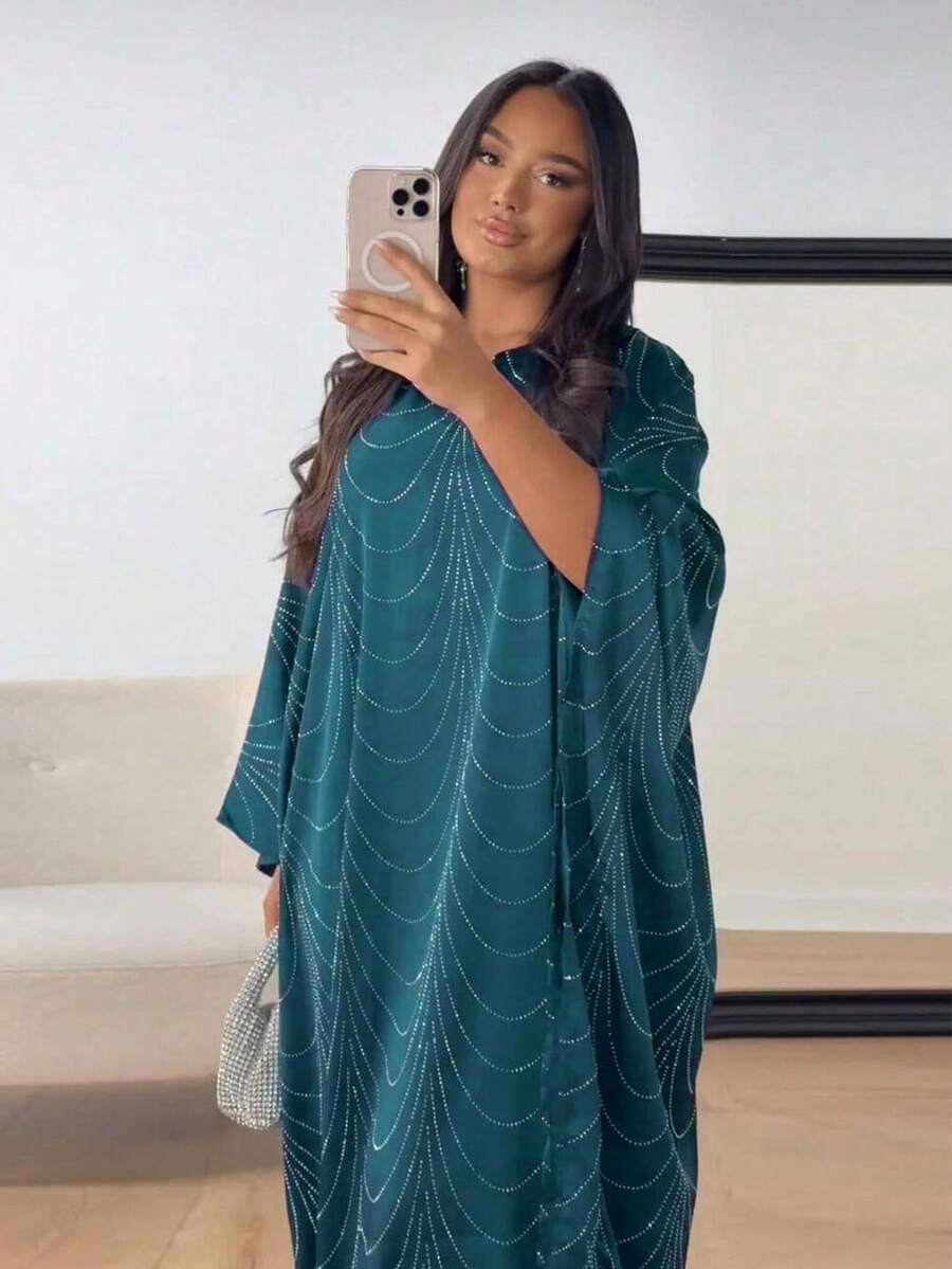 2025 Spring/Summer New Fashion Loose Rhinestone Abaya Cardigan Robe For Women - Peacock Blue - View 1