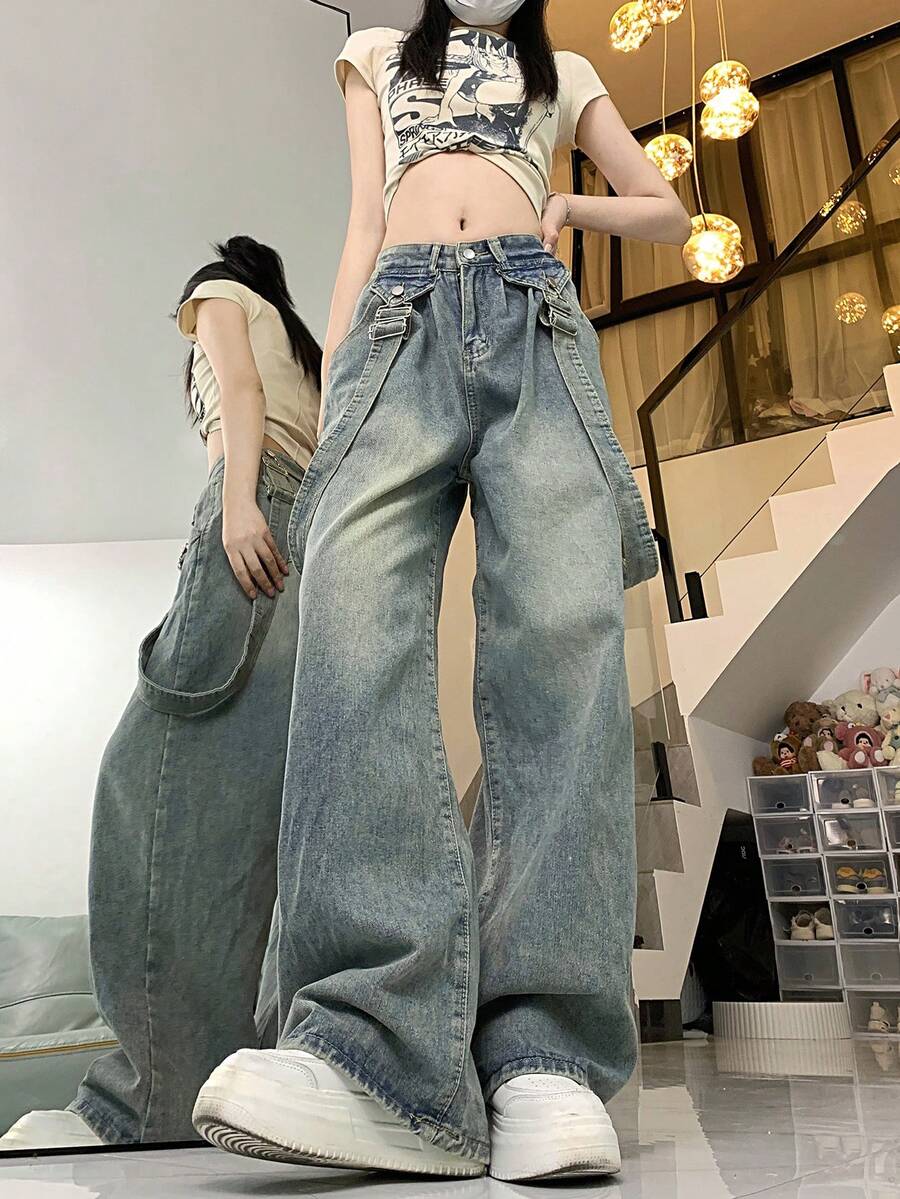 可拆卸吊带高腰宽松喇叭裤腿牛仔裤，复古小众风格 - 藍色 - 查看 1