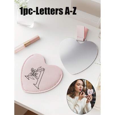 1个便携式可折叠心形化妆镜 - A-Z字母和迷你线条花朵黑色字母设计 | 不锈钢防震小巧简约美妆镜，旅行/桌面化妆必备 | 女士礼物 - 送给母亲和老师的最佳礼物，完美的周年纪念日/情人节礼物和返校必备