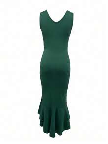 Đầm dự tiệc cổ chữ V màu trơn thanh lịch cho nữ, viền bất đối xứng - Màu xanh lá cây đậm - Xem 3