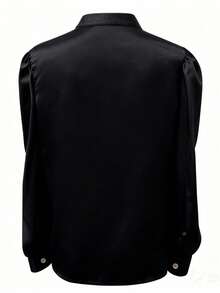 Women's Elegant Classic Black Long Sleeve Shirt, Quality Satin Fabric, V-Neck Fashionable Blouse For Casual Outings, Office Commute, Solid Color Button-Up, Suitable For Office Or Business Formal Occasions And Daily Wear, All-Season Professional Attire - Black - View 6