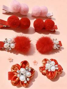 2 szt. noworocznych czerwonych spinek do włosów z pomponami, spinki do włosów z perłowymi kwiatami dla dziewcząt, urocza pluszowa spinka w kształcie kaczuszki, zestaw upominkowy z akcesoriami do włosów, świąteczna dekoracja włosów - Wielokolorowe - Zobacz 4