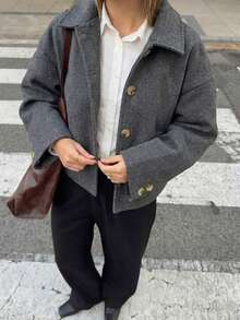 女士时尚休闲法式单排扣短款宽松领羊毛大衣 - 深灰色 - 查看 5