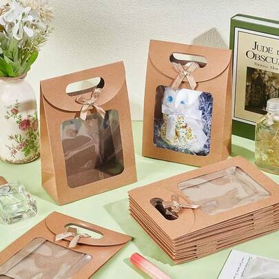 10pcs Kraft Paper Bowknot Gift Bags, Transparent Window Display Packaging Bags, Vertical Mini Gift Bags With Handles, Brown Gift Bags, Self-Adhesive Paper Bags, Vertical Gift Bags, Candy Cookie Packaging Bags, Brown Paper Bags For Wedding And Christmas Party