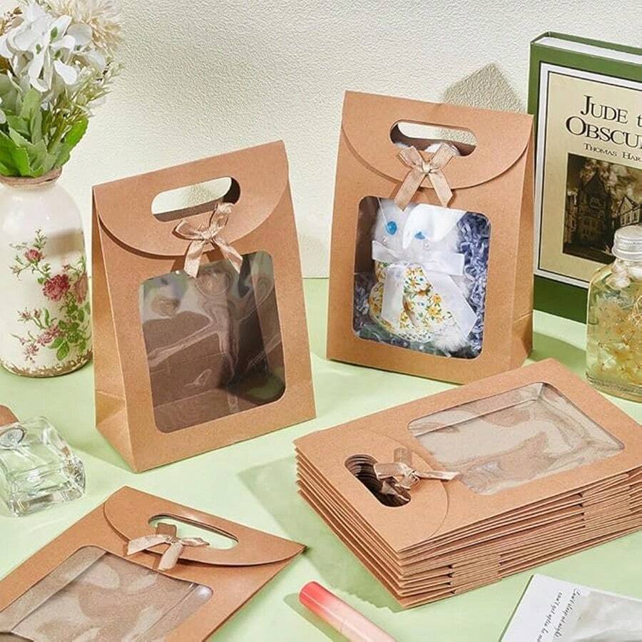 10pcs Kraft Paper Bowknot Gift Bags, Transparent Window Display Packaging Bags, Vertical Mini Gift Bags With Handles, Brown Gift Bags, Self-Adhesive Paper Bags, Vertical Gift Bags, Candy Cookie Packaging Bags, Brown Paper Bags For Wedding And Christmas Party - Multicolor - View 1