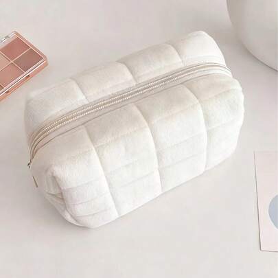 1/4pcs Plush Plaid Cosmetic Bag, Large Zipper Travel Toiletry Pouch, Multifunctional Storage Bag, Suitable For Home Organization, Outdoor Travel, Business Trip (1/4pcs Optional), Also Applicable To Vacation, Beach, Bathroom, Bedroom, Large Capacity ,Makeup Bag