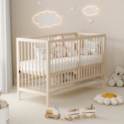 Holz Babybett, multifunktionales Babybett, umwandelbar in Nebenbett / Malerbrettständer / Schreibtisch, höhenverstellbar, ohne Matratze, aus Fichte, naturfarben, 140x60x90cm