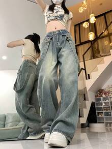 Detachable Suspender High Waist Loose Baggy Flare Leg Jeans, Retro Niche Style - Blue - View 2
