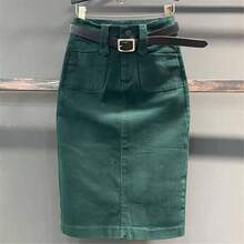 Falda vaquera casual de cintura alta dividida hasta la rodilla para mujer, Como se muestra en la imagen. XL - inicial - Ver 3