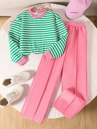 Left Mama Tween Girls' Casual Striped Long Sleeve Top And Wide-Leg Pants Set, Spring & Autumn
