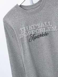 Áo thun cổ tròn tay dài đính đinh tán chữ American gợi cảm dành cho nữ, áo bó sát cho mùa thu - Xám - Xem 8