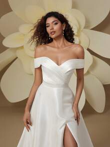 Minimalist Off-Shoulder Long Wedding Dress, Slit Design, Elegant Woven Fabric Bridal Gown