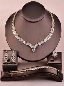 CORUIXI 1pc Women's V-Shape Zirconia Necklace Set, Luxury Fashion Silver Jewelry 4pcs Accessory Suitable For Wedding Party Prom Gift - Silver - View 15