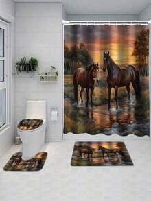 Juego de 1/4 piezas de cortina de ducha con patrón creativo de caballo bebiendo agua al atardecer, que incluye alfombra antideslizante, tapete de inodoro, alfombra de baño, cortina de ducha opaca y 12 ganchos resistentes, decoración y accesorios de baño de alta calidad, adecuados para todos los estilos de decoración del hogar - Multicolor - Ver 22