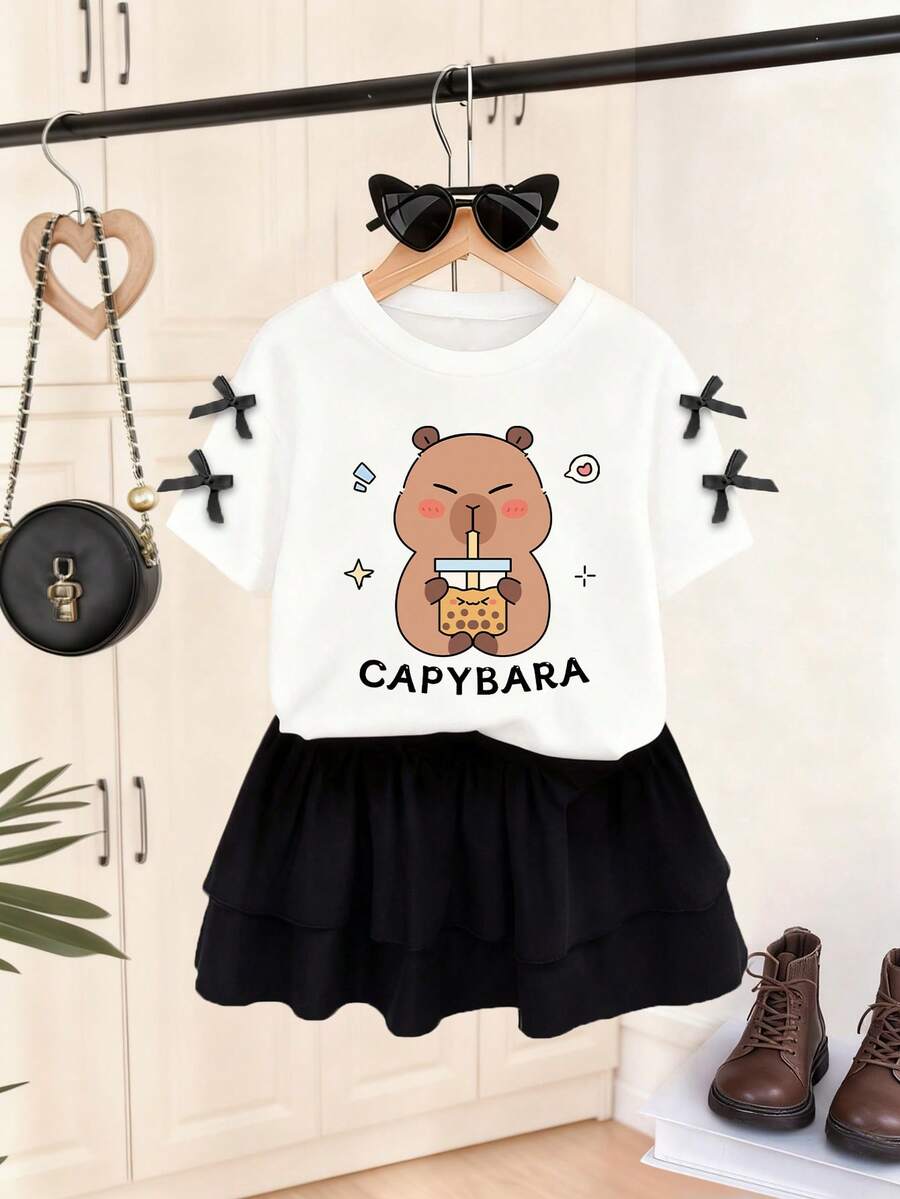 Young Girl Bow Embroidered Collar Short Sleeve Top And Skirt Set - White - View 1