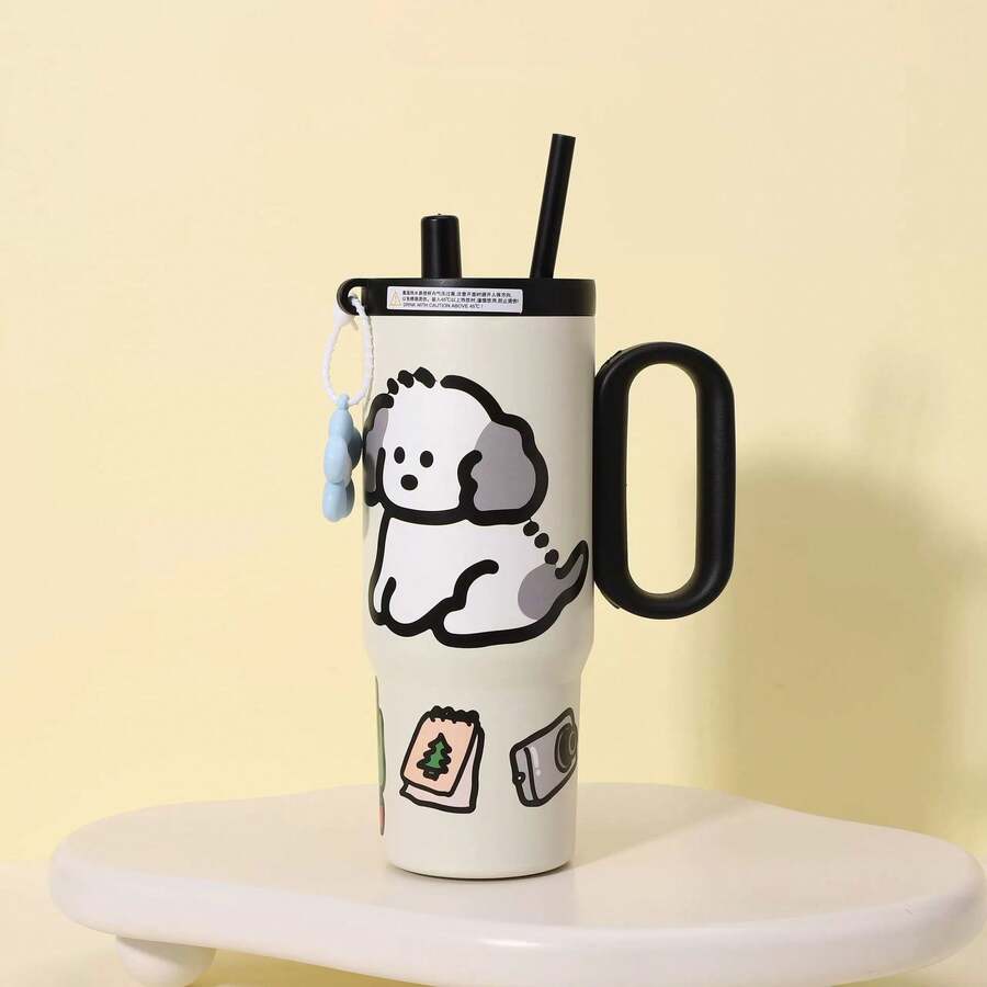 Tea Mug With Handle, Portable, High-Value Car Mug - Black and White (includes a Small Flower Pendant and Cartoon Stickers) - View 1