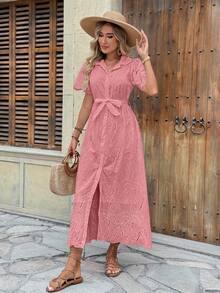 Elegant Long Lined Dress For New Year's Eve, Evangelical Fashion, Short Sleeves, Button Closure, Tie Belt With Elastic Waist - Hồng - Xem 4