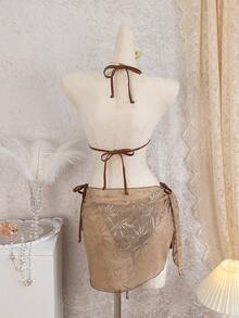 Novo conjunto de Maiô Bikini triângulo sexy com folha de tela e alça de pescoço com contas, roupa de banho de resort de praia com saia envolvente - Castanho - Visão 2