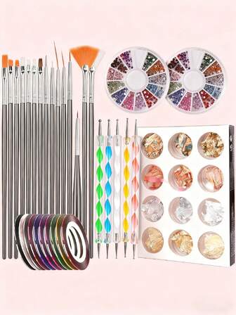 Nail Art Set Kit, Nail Dotting Pen, Stamp Nail Art Tool With 15pcs Painting Brushes, Nail Foil Manicure Tape, Color Rhinestone, Nail Decorations