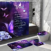 1/4pcs Purple Rose & Butterfly Floral Bathroom Curtain Set, Includes Anti-Slip Bath Mat, U-Shaped Toilet Lid Cover, Bathroom Rug
