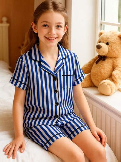 2 st/set flickor randig mönstrad polokrage kortärmad shorts pyjamas set, rosa & vit, casual loungewear