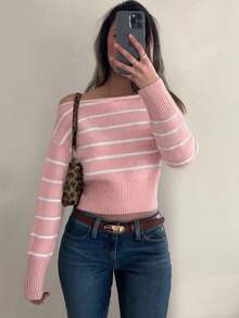 Women's Color-Blocked Striped Top, Off-Shoulder Long-Sleeved Sweater, Casual Street Chic, Popular In Autumn And Winter, Versatile For Office Outfits, Off-Shoulder Top, Pullover For Women, Autumn Clothing For Women,Christmas Women's Clothing,Thanksgiving Outfits For Women.