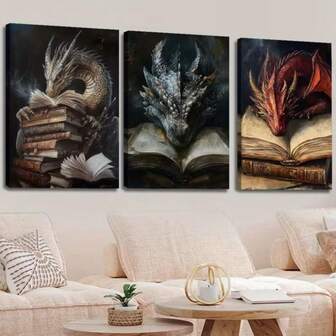 3 piezas de arte de pared, pósteres de tema fantástico vibrante moderno, juego de arte en lienzo de 3 piezas - Dragón encantador y libros de mitología, sin marco - Estilo moderno clásico, uso en interiores/exteriores, decoración de dragón para sala de estar, dormitorio, oficina en casa