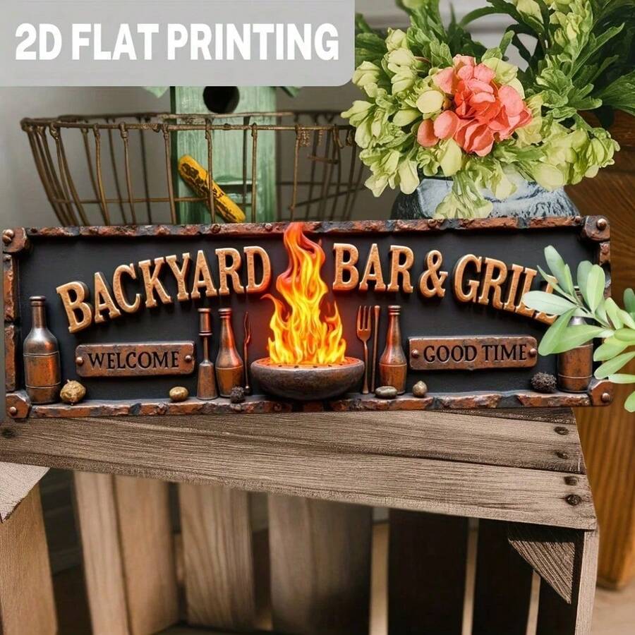 2D Flat, 1pc Rustic Backyard Bar & Grill Aluminum Wall Sign - Vintage  Metal Decor With "Welcome Good Time" Design - Multicolor - View 1