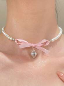 1件时尚欧美风百搭珍珠心形蝴蝶结项链，女士情人节配饰 - 項鍊 - 查看 6